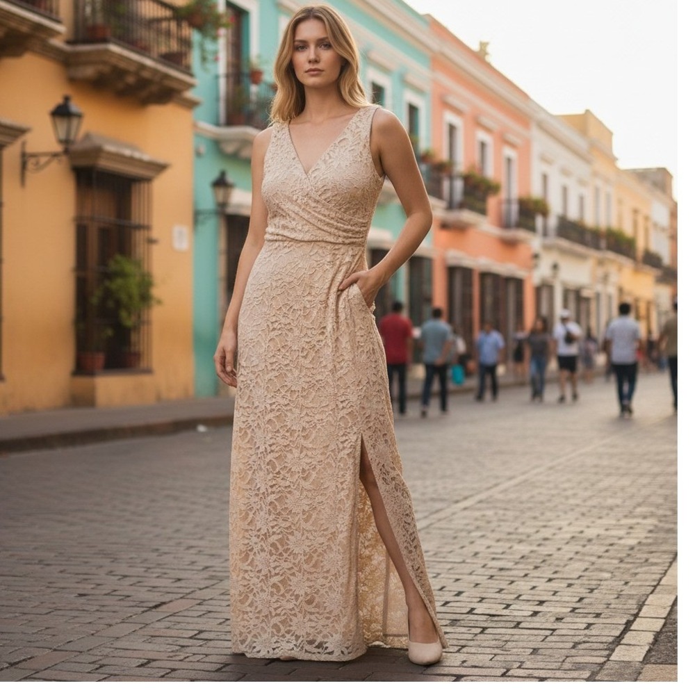 Ralph Lauren Evening Beige Floral Lace Ruched Sequin Formal Gown Dress Womens 10